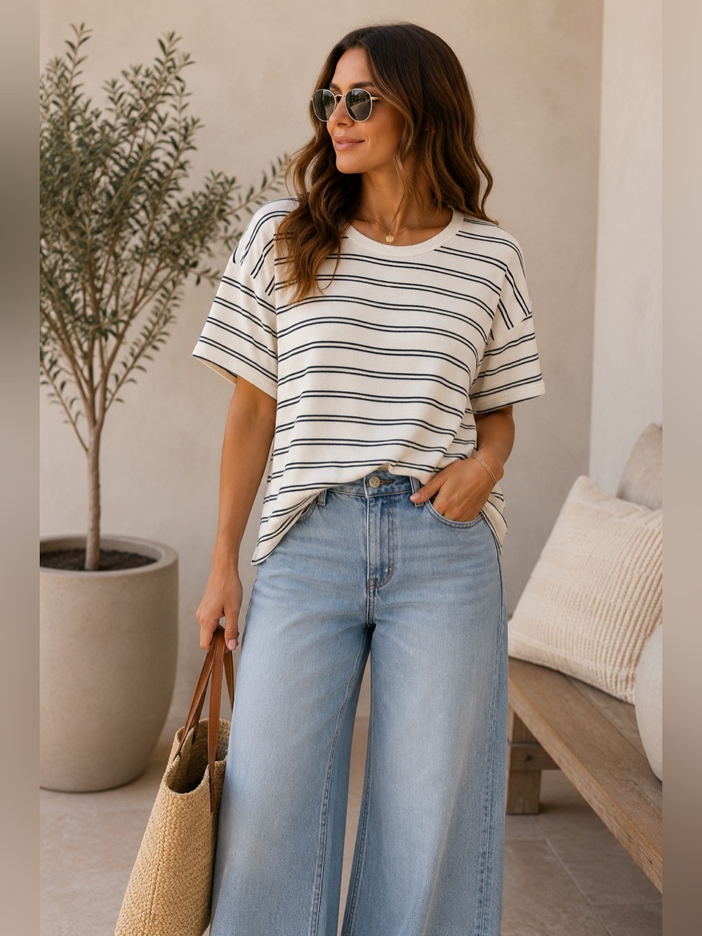 Faherty Cream & Navy Striped Knit Tee Relaxed Coastal Short Sleeve Size M #139